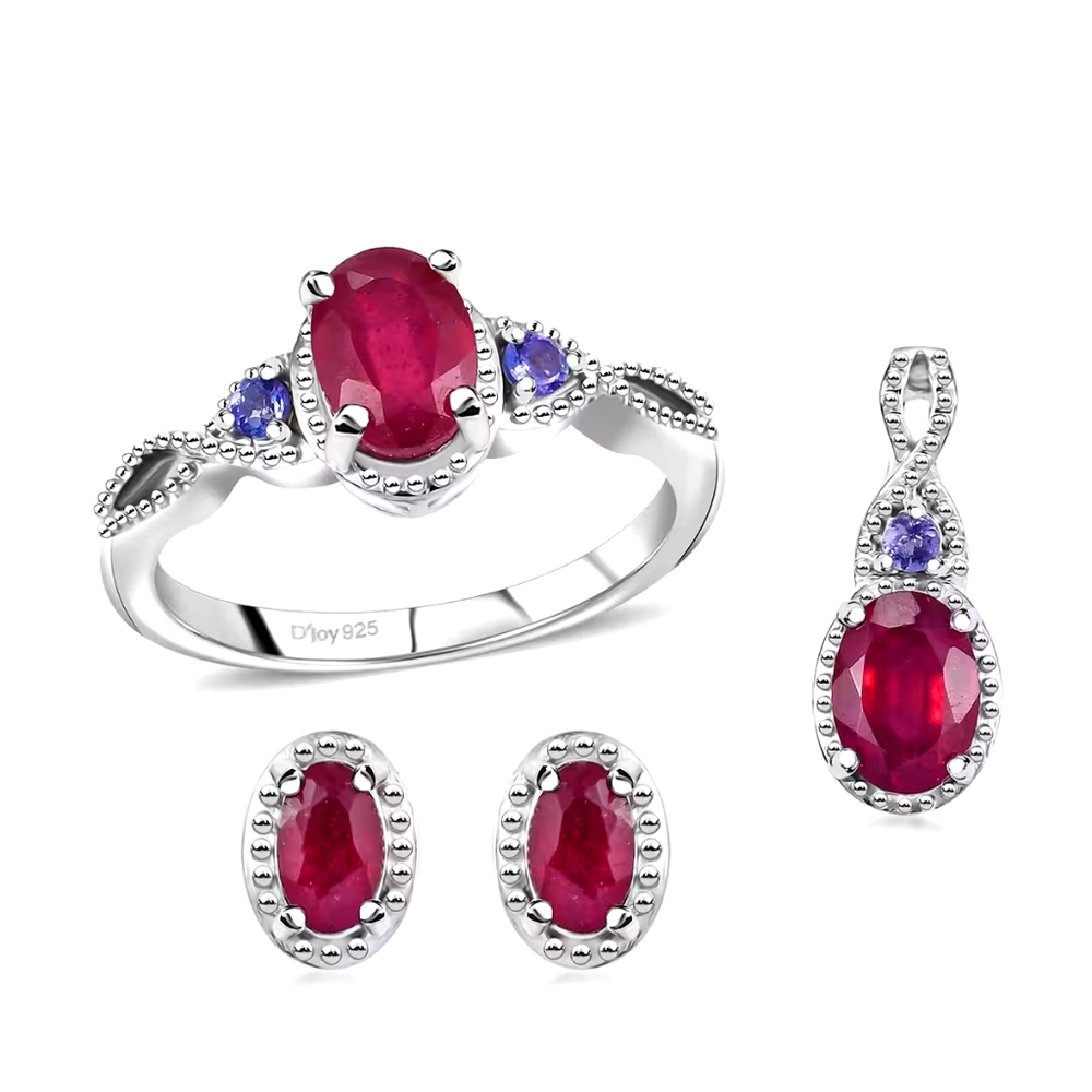 Niassa Ruby and Tanzanite Love Infinity Ring, Stud Earrings, and Pendant 3.20ctw